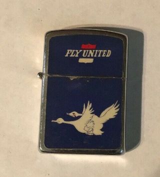 Vintage Ok Lighter " Fly United " 2 Geese In Flight On Blue.  Japan 1960s.