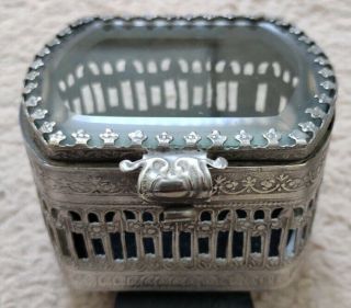 Vintage Small Metal Trinket Box With Bevelled Glass Lid.
