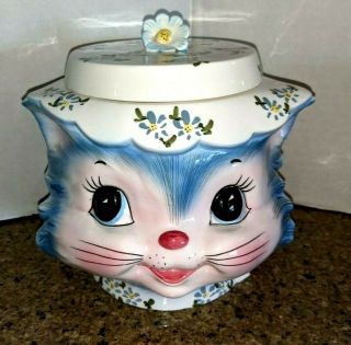 Vintage Miss Priss Blue Kitty Cat Ceramic Cookie Jar Lefton Japan 1502