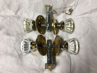 Set Of 2 Complete Clear Glass Door Knob Mechanisms With Brass Finish (4 Knobs)