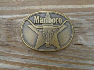 1987 Solid Brass Philip Morris Marlboro Cigarettes Long Horn Steer Belt Buckle