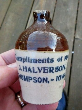 Vintage Thompson,  Iowa,  Compliments Of J.  Halverson Miniature Stoneware Jug