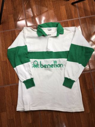 Vintage Benetton Spell Out Center Stripe Rugby Shirt 80s 90s Two Tone Sz Medium