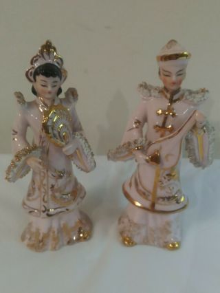 Porcelain Couple Oriental Instrument Pink With Gold Accents 5.  5 " Each 1