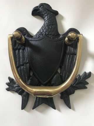 Vintage Door Knocker - Black Eagle With Shield Cast Iron W/ Brass Knocker