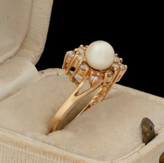 Antique Vintage Art Deco Mid Century 14k Gold Pearl Diamond Wedding Ring Sz 6