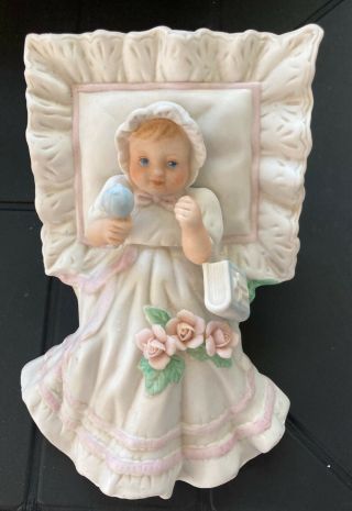 Vintage Enesco Christening Baptism Baby Girl In Basket Figurine W/ Bible