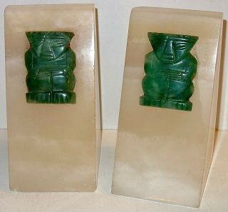 Pair/set Of Antique/vintage 5 - 1/2 " White Onyx Bookends W/green Jade Carvings
