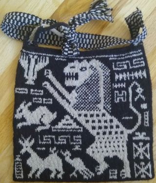 Vintage 60s Nahuala Morral Handwoven Art Wool Tote Bag Lion Bird Rabbit Deer