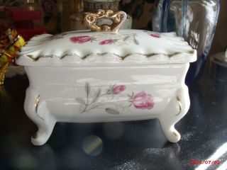 Vintage Floral Rose Footed Trinket Box With Lid Ruffled Rim Gold Accents