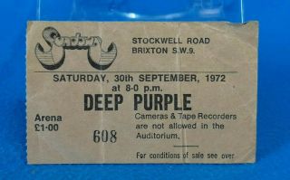 Deep Purple 1972 Vintage Concert Gig Ticket Stub Sundown Brixton Rock