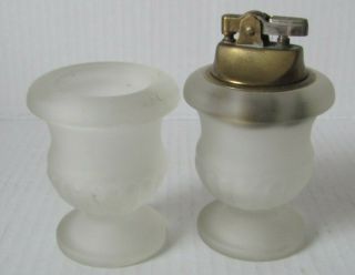 Vintage Frosted Glass Table Lighter & Ashtray Set