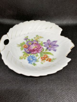 Leaf - Shaped With Flowers Trinket Dish Made In Occupied Japan 5”approx