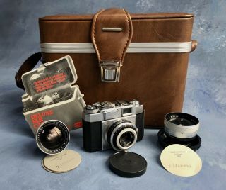 Vintage Zeiss Ikon Contina 35 Mm.  Rangefinder Film Camera With 2 Lenses And Case