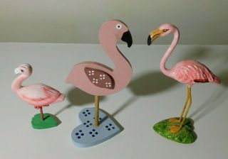 3 Pink Flamingo Wooden Figurines
