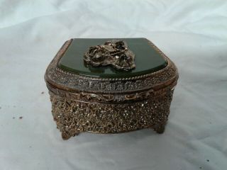 Vintage Metal Trinket Box Goldtone Green Accents Floral Design Velvet Lined Japa