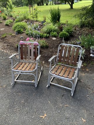 2 Vintage Red Wood Cedar Slat & Aluminum Lawn Rocker Folding Rocking Chair