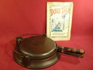 Early Sidney Wagner No 8 Cast Iron Waffle Maker W/ Base & Antique Recipe Book