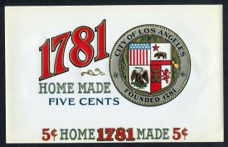 Old 1781 Cigar Label - Gold Trim,  City Of Los Angeles