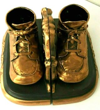 Vtg Art Deco Brass Copper Bronzed Laced Baby Shoe Bookends Guc