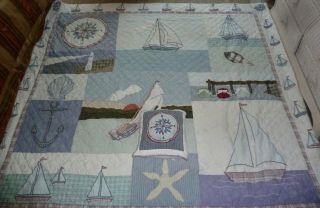 Vintage King Size Bedspread,  Comforter,  Patch Magic,  Nautical,  Sailboat & Pillow