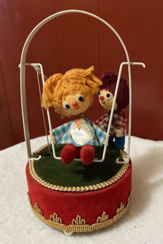 Children Playing On Swing - Vintage Motion Music Box - Berman & Anderson Ny