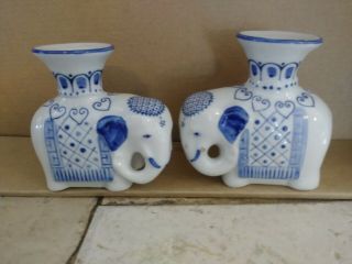 2 Vintage Blue And White Porcelain Ceramic Elephant Candle Holders