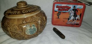 Vintage Hopalong Cassidy Coral Cookie Jar With Knife And Hallmark Miniature