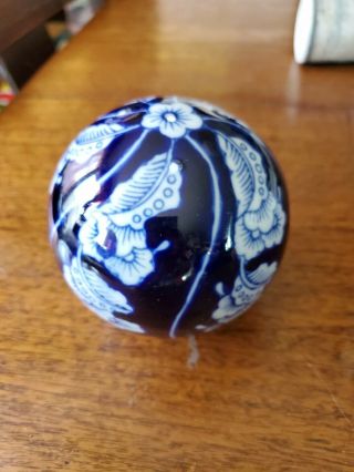 Vintage Glass Paper Weight Cobalt Blue Ball W/ White Flowers 3” Diameter
