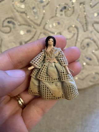 Antique Small Tiny 2” Wooden? Doll With Dress Hand Carved? Wow