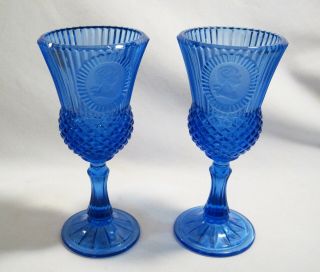 2 Vintage - Fostoria Avon Cobalt Blue George Washington? Cameo Glass Goblet Vase