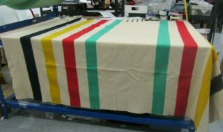 Vintage Hudson Bay 100 Wool Camp Stripe Blanket 88” X 64” Made In England