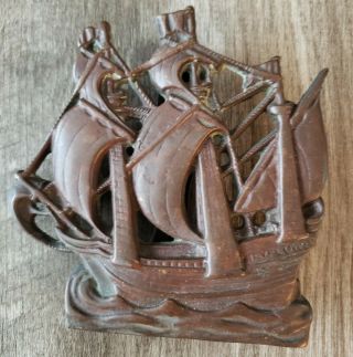 Vintage Brass Clipper Ship Door Knocker Sailboat Nautical Marked " Mayflower "