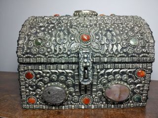 Vintage Lined Moroccan Wedding Box Inlaid With Semi - Precious Stones 8x6x6