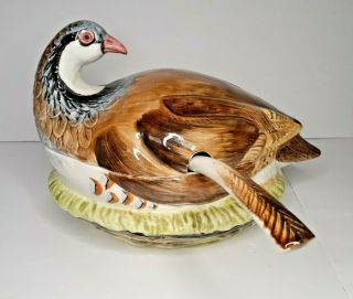 Pheasant Soup Tureen Covered Huge Bird Vintage Pottery Hand Painted Italy Neiman