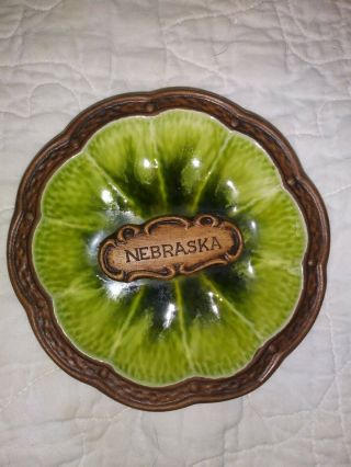 Vintage Treasure Craft Ceramic Pottery Nebraska Souvenir Ashtray Green Mcm