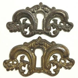 Pair Vintage Ornate Brass Skeleton Key Hole Escutcheon 2 1/8 " X 1 1/4 " Hardware