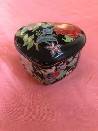 Vintage Fioretti Heart Shape Porcelain Black Floral Trinket Box Made In Japan