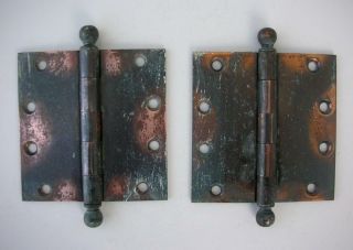 Pair Solid Brass Copper Flashed Antique 4 1/2 " X 4 1/2 " Door Hinges Cannon Balls