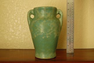 Great Vintage Brush - Mccoy Pottery 2 - Handled Vase Art Vellum Turquoise Blue - Green