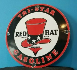 Vintage Red Hat Gasoline Porcelain Gas Service Station Pump Plate Oil Rack Sign