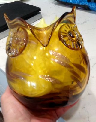 Art Glass Owl Vase Murano Style Vase Amber With Gold Glitter Swirls