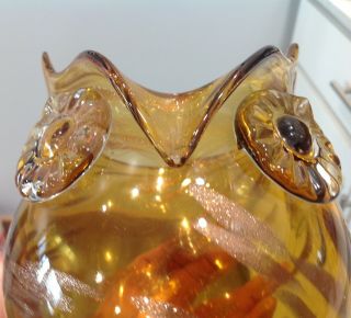 Art GLASS OWL Vase Murano Style VASE Amber with Gold Glitter swirls 2