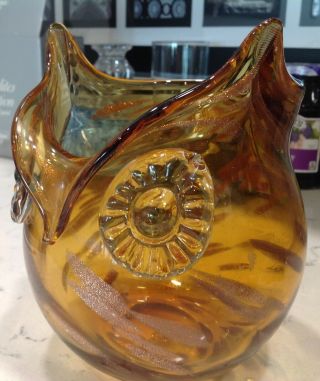Art GLASS OWL Vase Murano Style VASE Amber with Gold Glitter swirls 3