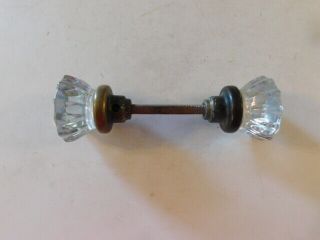 Vintage Victorian Crystal Glass Door Knobs & Spindle 12 Pt Brass Hardware