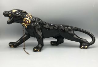 Vintage Large Black Panther Ceramic Figurine Art Deco Mid Century 19”
