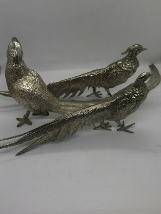 Fab Vintage Spelter Metal Trio Of Large Pheasant Bird Figurines Marked P.  N.  C.  W