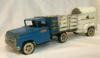 Vintage Pressed Steel Tonka Farms Stake Truck W Trailer,  Blue,  White,  Usa,  1962