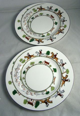 2 Coalport England Hunting Scene Dinner Plates Discontinued Pattern 10.  75” Exc.