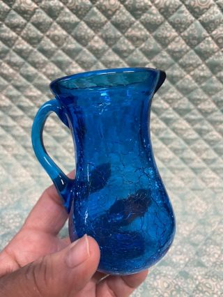 Vintage Blue Crackle Glass Mini Pitcher With Handle